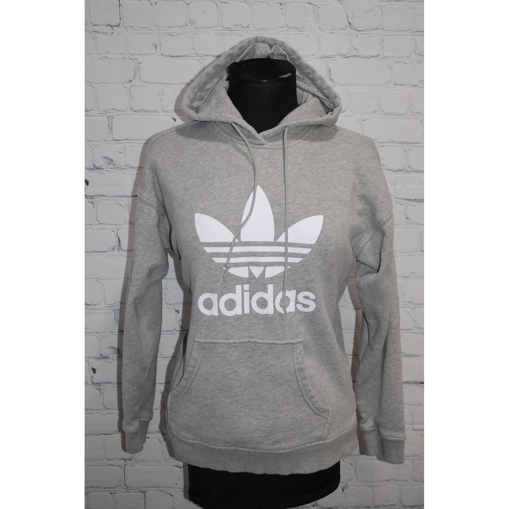 Adidas Hoodie Women XS Gray Trefoil Logo Pullover Sweatshirt Gym Workout